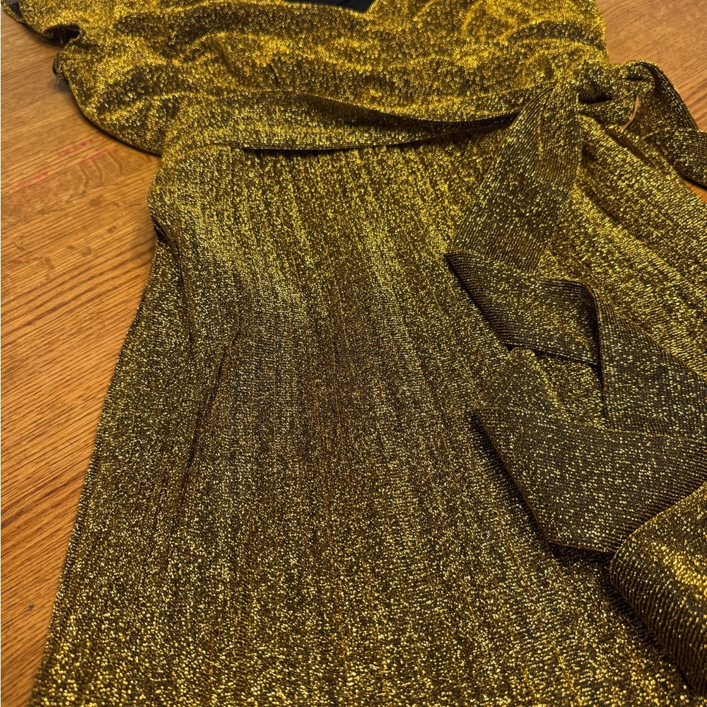 Designer!! Lennie Gold Metallic Mini Dress w/ Pleated Skirt - Picture 2 of 5